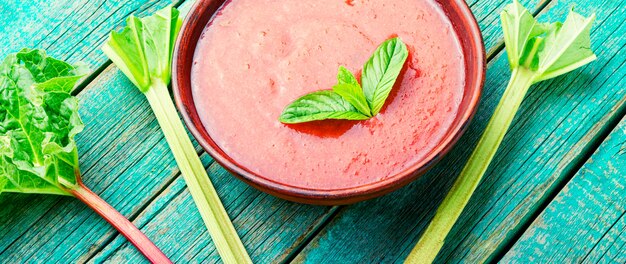 Vegetarian cold rhubarb soup in a plate.Dessert soup