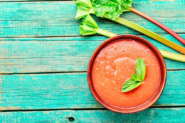 Vegetarian cold rhubarb soup in a plate.Dessert soup