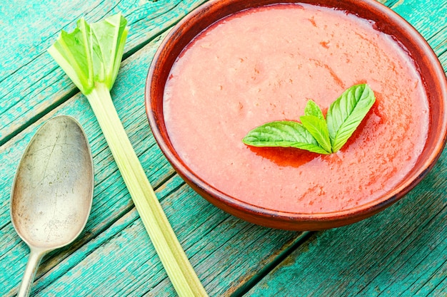 Vegetarian cold rhubarb soup in a plate.Dessert soup