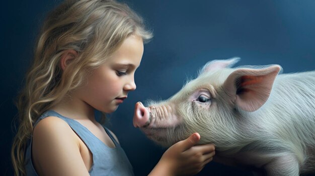 Foto vegetarian day: una bambina che guarda un maialino con intelligenza artificiale generativa