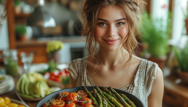 Vegetarian delight young woman enjoying meal at bright table