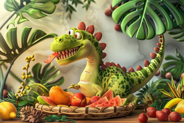 Foto dinosauro vegetariano che mangia una ciotola di frutta fresca caricatura