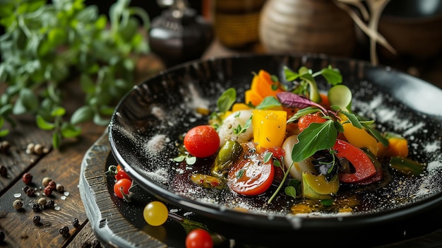 Vegetarian dish in the style of a gourmet restaurant closeup on a beautiful plate