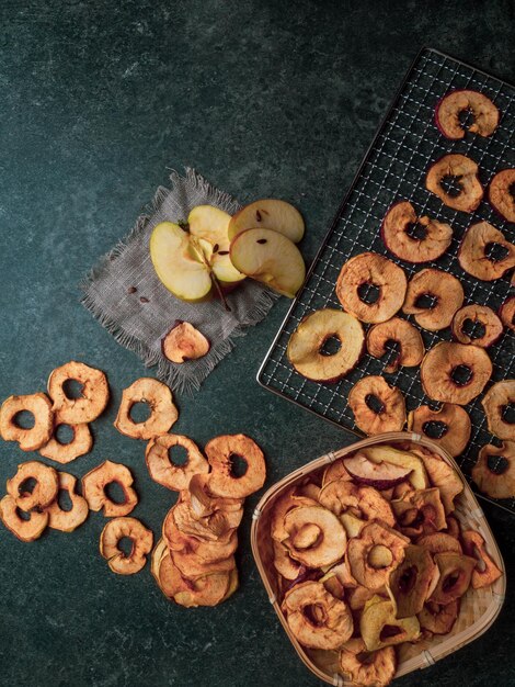 Vegetarian dries apples dehydrated healthy snack chips copy space