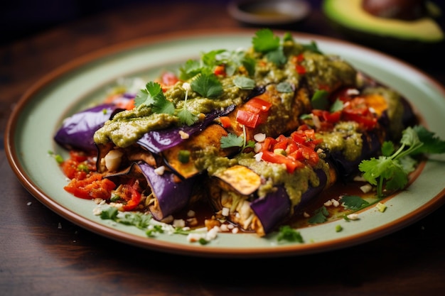 Vegetarian enchiladas with roasted vegetables and avocado slices on top