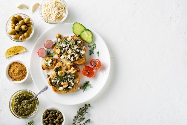 Concetto di cibo vegetariano bistecca di cavolfiore con spezie salsa chimichurri scaglie di mandorle olive pomodorini fritti e capperi su un piatto bianco sfondo bianco