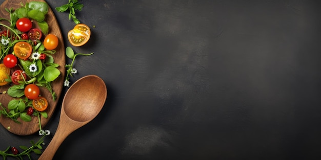 Vegetarian food concept with wooden spoon and dark background