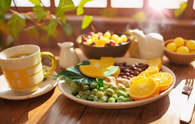 Vegetarian food fruits and vegetables are on the stove vegan breakfast Stilllife