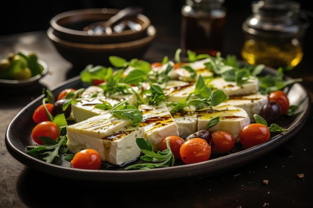 Vegetarian green salad with arugula or rocket leaves tomatoes plum Avocado and mozzarella cheese