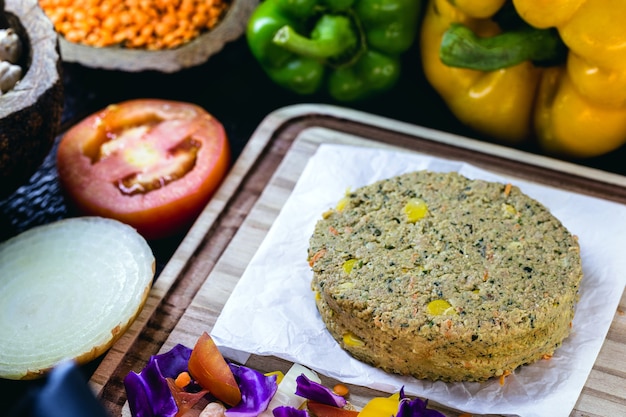 Vegetarian hamburger, made with soy and grains, with vegetables around