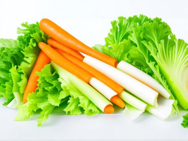 Vegetarian healthy food concept green celery lettuce leaves and carrot on white kitchen background ai generated