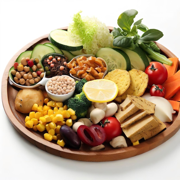 Vegetarian lunch on wooden plate with variety on white background