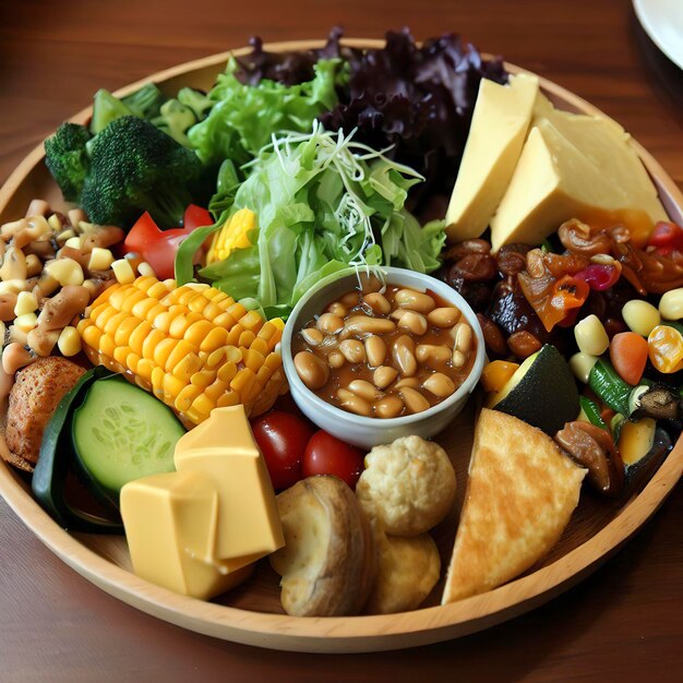 Foto pranzo vegetariano su piatto di legno con varietà