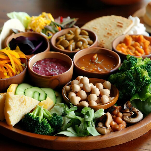 Vegetarian lunch on wooden plate with variety