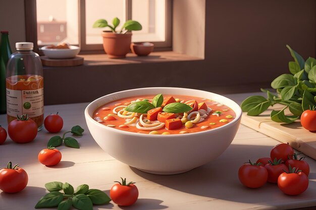 건강한 토마토 수프를 곁들인 채식 파스타 그릇