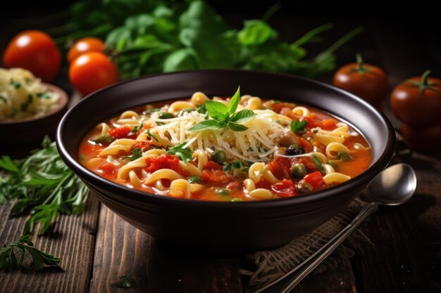 Фото Вегетарианский суп из макарон на деревянном столе