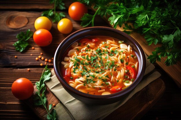 Foto zuppa di pasta vegetariana su un tavolo di legno