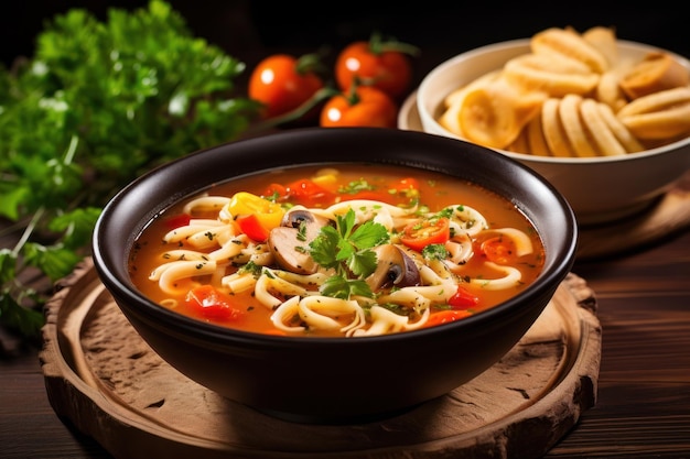 Vegetarian pasta soup on a wooden table