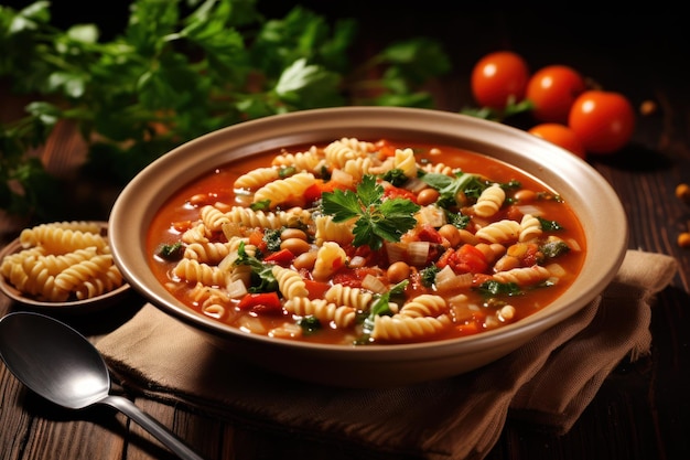 Foto zuppa di pasta vegetariana su un tavolo di legno