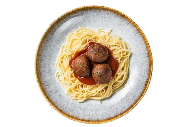 Vegetarian pasta with meatless Meatballs from plant based meat and tomato sauce Isolated on white background