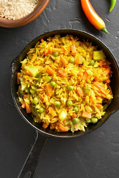 Vegetarian pilaf in frying pan