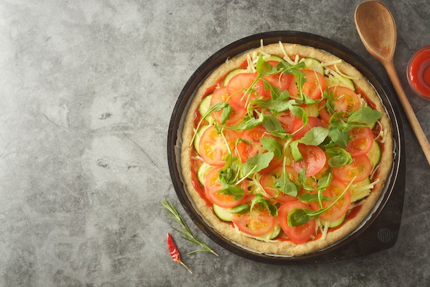 Vegetarian pizza. cooking process of vegetable homemade pizza.