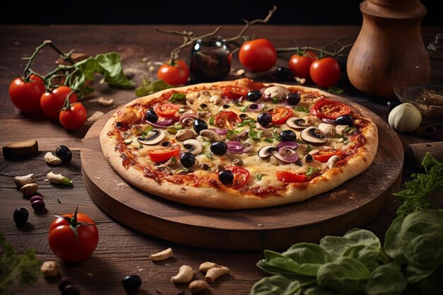 Vegetarian pizza isolated on blue background sliced pizza grabbing a slice of pizza