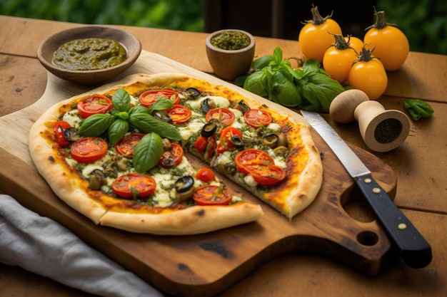 Vegetarian pizza with cherry tomatoes mushrooms peppers onions and feta cheese