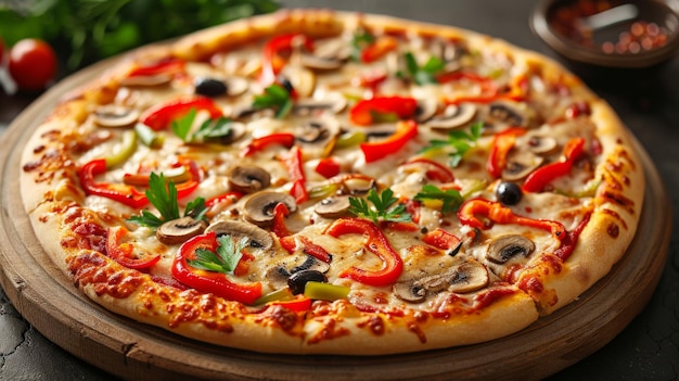 A vegetarian pizza with colorful bell peppers mushrooms olives and melted cheese