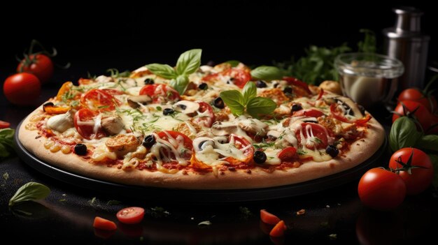 Vegetarian pizza with mozzarella olives and tomatoes on a black background