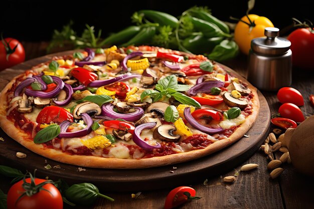 A vegetarian pizza with a thin crispy crust and loads of vegetables