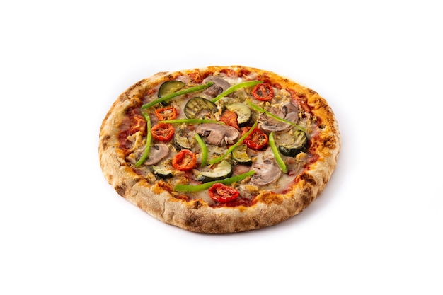 Vegetarian pizza with zucchini tomato peppers and mushrooms isolated on white background