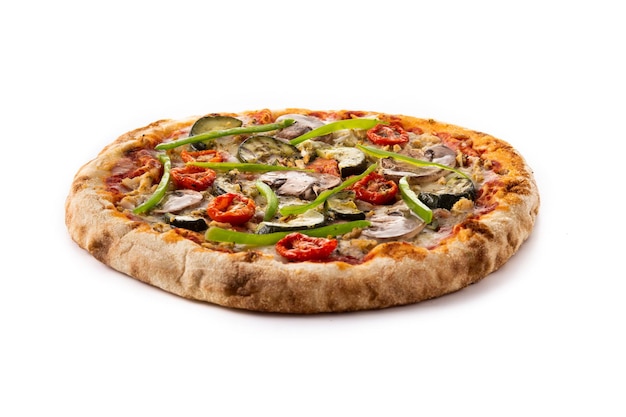 Vegetarian pizza with zucchini tomato peppers and mushrooms isolated on white background