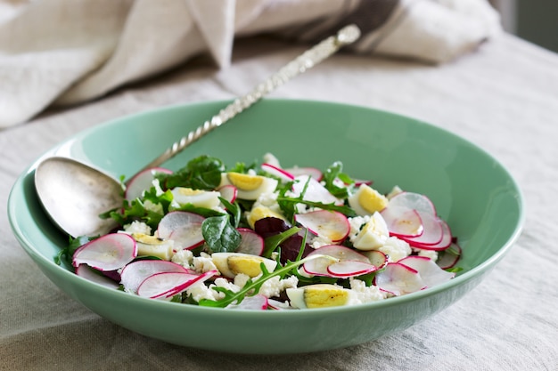 Vegetarian salad with herbs, radish, eggs and cottage cheese on a light background.