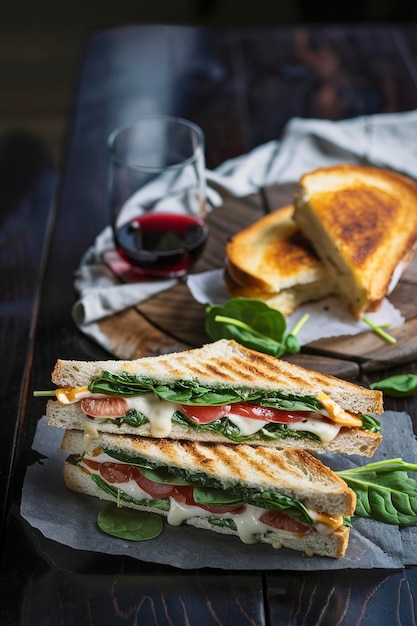 Vegetarian sandwich panini with spinach leaves tomatoes and cheese on a dark table Toast with cheese