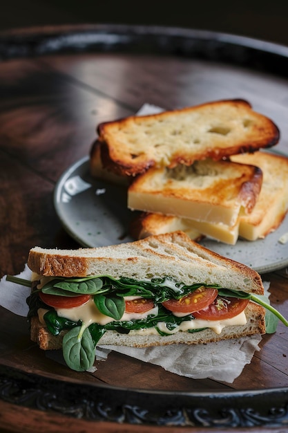 Vegetarian sandwich panini with spinach leaves tomatoes and cheese on a dark table Toast with cheese