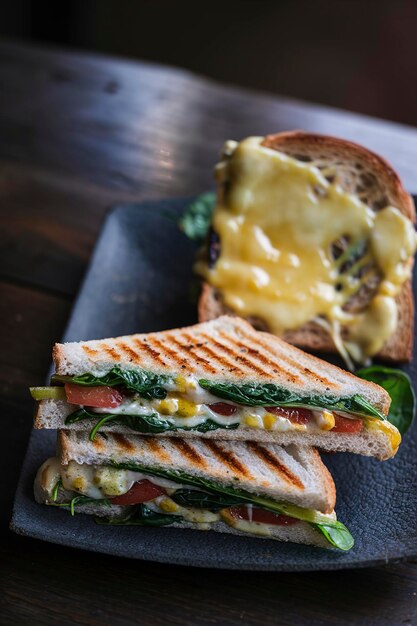 Vegetarian sandwich panini with spinach leaves tomatoes and cheese on a dark table Toast with cheese