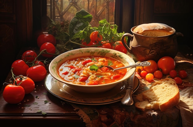 Vegetarian soup Tasty vegetable stew Stilllife style Generative AI