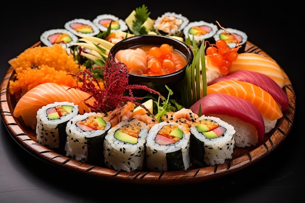 A vegetarian sushi platter showcasing different rolls