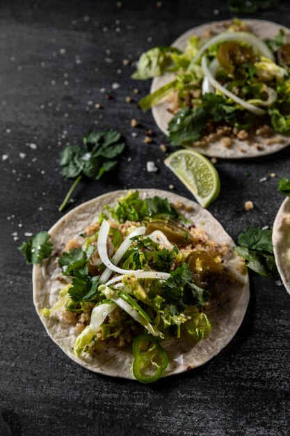 Vegetarian tacos with lime arrangement