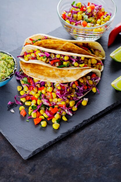 Vegetarian tacos with various vegetables, guacamole and sliced lime on dark background. Tacos with sweet corn, purple cabbage and pepper on a slate board. Copy space