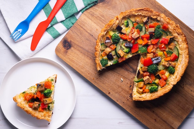 Vegetarian tart with broccoli pepper and zucchini in puff pastry