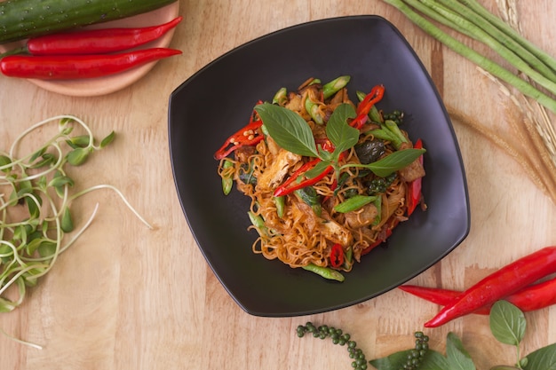 Vegetarian thai food,stir-fried rice noodles spicy