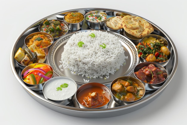 채식주의 타리 (Vegetarian Thali) 는 전통적인 인도 타리 음식이다.