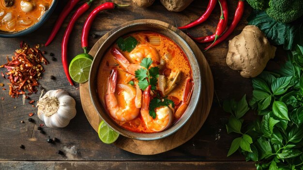 Vegetarian Tom Yum against a traditional Thai herbal garden