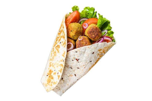 Foto vegetariano tortilla wrap con falafel e insalata fresca vegan tacos isolati su sfondo bianco