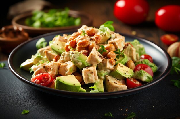 Foto un tocco vegetariano su un'insalata di pollo con ceci e avocado