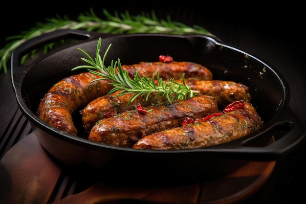 Vegetarian and vegan sausages cooked in a cast iron skillet pan with rosemary and onion