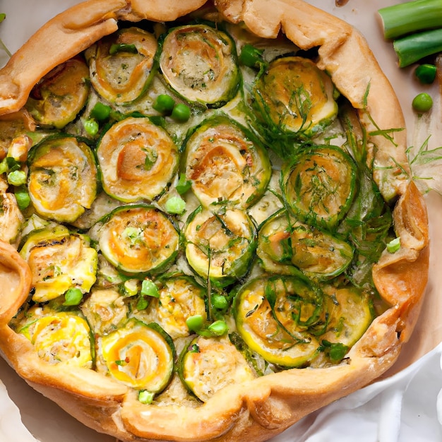 Vegetarian vegetable pie Tasty summer pie with zucchini leek and peas on a light background