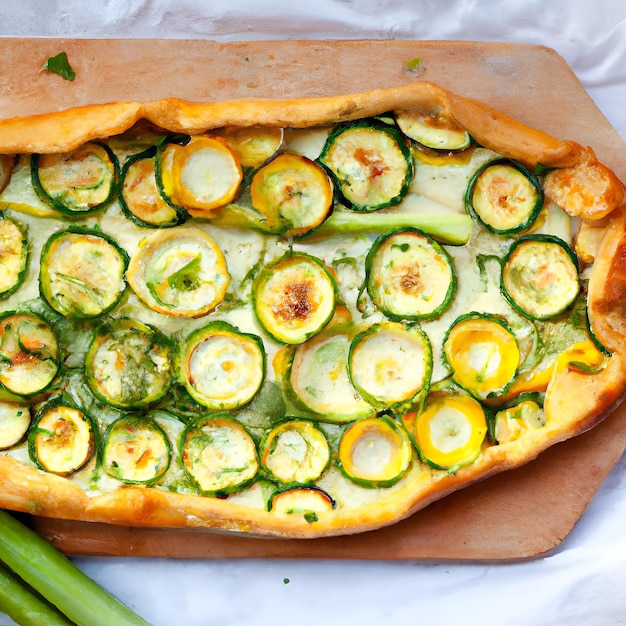 Vegetarian vegetable pie Tasty summer pie with zucchini leek and peas on a light background